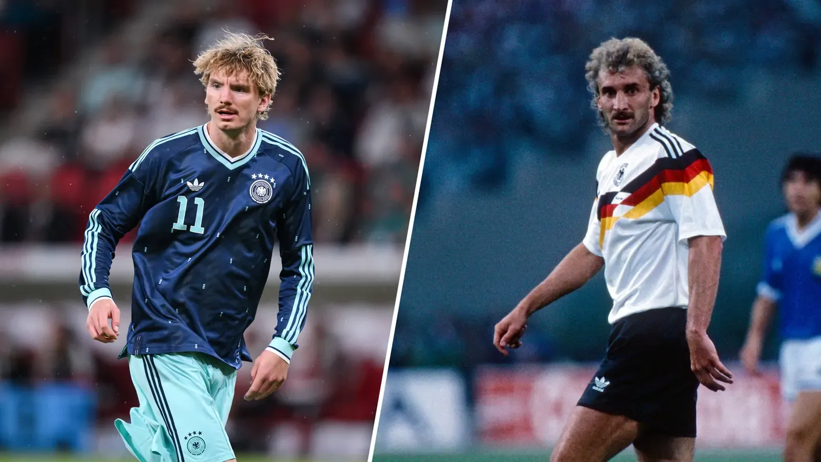 Mit etwas Fantasie kann man durchaus eine &Auml;hnlichkeit zwischen Nick Woltemade von heute (l.) und Rudi V&ouml;ller von vor 36 Jahren (r.) sehen.&copy; IMAGO/Ulmer/Teamfoto/IMAGO/United Archives Sven Simon Archive